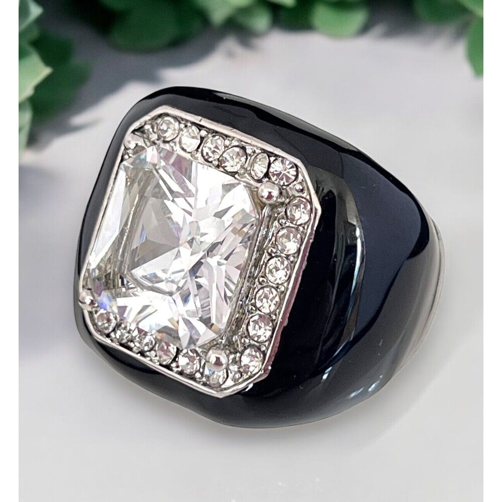 New Silver Tone Ring Size 8 Black Enamel CZ Cocktail Statement - 9J